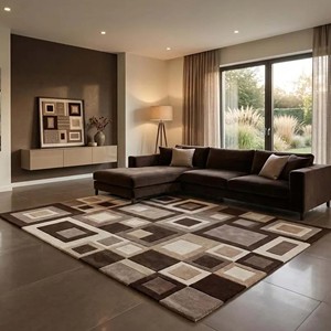 Modern Geometric Area Rug Abstract Square Pattern Tufted Woolen Carpet Neutral Brown Beige Living Room Bedroom Floor Decor Mat - Product Image 1