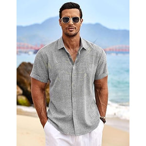 Chemises à manches courtes boutonnées pour hommes, gris, été, polos frais, coton, col montant, chemises brodées, t-shirt oversize - Product Image 2