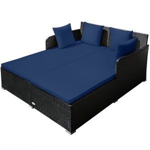 Divano Letto da Esterno in Rattan Blu Navy con Eleganti Cuscini Imbottiti per Divani da Giardino - Product Image 3