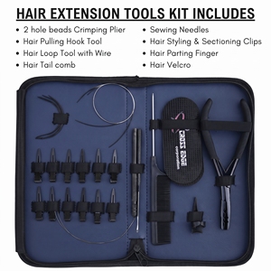 Kit complet d'outils pour extensions de cheveux à micro-perles : Pince à sertir à 2 trous, Applicateur à crochet, Enfileur de boucles, Peigne, Pinces - Product Image 2