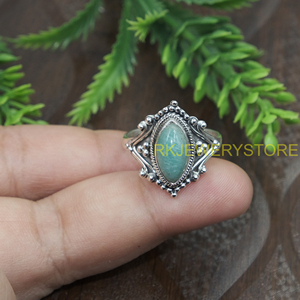 แหวนเงินแท้ 925 วินเทจ ประดับพลอยอะมาโซไนต์ แหวนทำมือสไตล์โบโฮ แหวนประดับพลอยทรงมาร์คีส์ งานฝีมือช่างประดิษฐ์ เหมาะสำหรับเป็นของขวัญ - Product Image 5