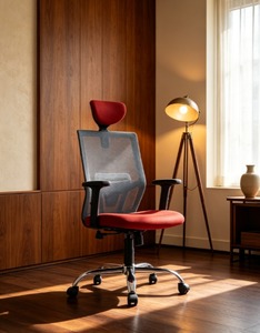Chaise de bureau ergonomique moderne en maille, rouge et gris, avec accoudoirs et appuie-tête réglables, base pivotante chromée, design contemporain manuel - Product Image 1