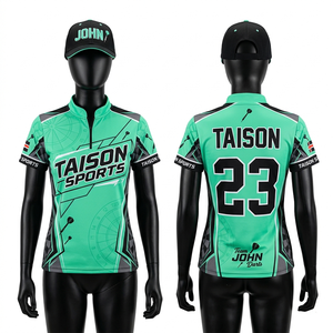 เสื้อดาร์ทผู้หญิงแบบสั่งทำพิเศษ 180 GSM ผ้าโพลีเอสเตอร์อินเตอร์ล็อค สีกรมท่า แดง ทอง ลายวน พิมพ์ลายแบบซับลิเมชั่น ปักลาย ฟิตแวร์ รุ่นเอลีท - Product Image 4