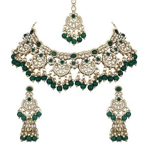 Ensemble de collier vintage plaqué or avec cristal vert et perles d'imitation, design floral pour femmes, bijoux de mariage - Product Image 5