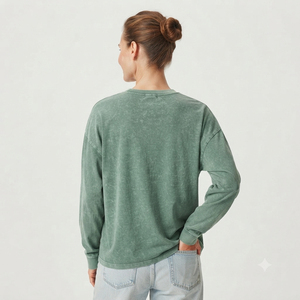 T-shirt décontracté en coton à manches longues et col rond pour femme, coupe ample, couleur unie, respirant, idéal pour l'été, effet délavé - Product Image 2