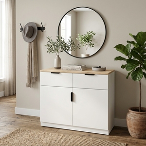 Meuble de rangement moderne bicolore en bois blanc avec dessus en chêne naturel, 2 tiroirs, 2 portes, credenza pour entrée, salon, chambre, buffet - Product Image 2