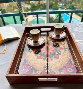 Plateau de service rectangulaire en bois avec poignées, art époxy, décoration rustique pour table basse - Product Image 2