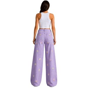 Vaqueros anchos de mujer morados lavanda con bordado floral, cintura alta, ajuste holgado, estilo baggy, pantalones de mezclilla informales, ropa de calle, OEM personalizado - Product Image 2