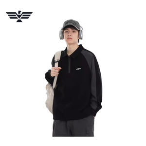 Sudadera de poliéster para hombre, negra, con bloques de color, manga raglán, media cremallera, antiarrugas, corte holgado informal, cuello vuelto, tipo jersey - Product Image 2
