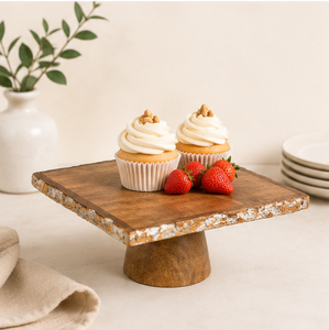 Rustic Square Mango Wood <b>Cake</b> <b>Stand</b> Handcrafted Dessert Display Pedestal With Natural Bark Edge Pattern For Weddings & Parties - Product Image 4