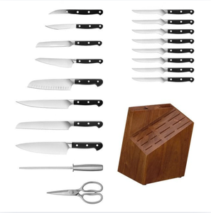 Couteaux de cuisine à manche riveté noir avec lames argentées, ciseaux à bloc brun et aiguiseur pour trancher, hacher et préparer les aliments - Product Image 6