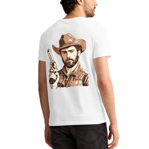 T-shirt décontracté en coton pour homme, col rond, coupe oversize, délavé à l'acide, avec impression sur la poitrine motif portrait de cowboy western, personnalisable, vente en gros - Product Image 3