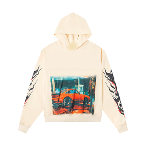 Sudadera con Capucha Roja para Hombre, Estilo Urbano Oversize, Estampado de Esqueleto Leyendo Periódico, Diseño de Llama en la Manga, Ropa de Otoño - Product Image 4