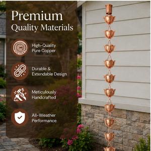 Chaîne de pluie en métal avec 15 coupelles de lotus, hauteur 8 pieds, étanche, couleur cuivre, esthétique, pour extérieur, jardin, maison, charmante. - Product Image 2