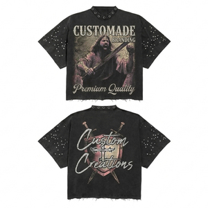 Custom Premium Heavyweight Vintage Wash 100% Cotton Print Tee <b>Grommet</b> Neckline Rhinestone Embellishments Boxy Fit OEM Streetwear - Product Image 3