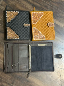 Multifunction Folder for Business Men & Women Zippered Hand <b>Tooled</b> Quilted <b>Leather</b> Portfolio with 3 Rings Folder Binder Padfolio - Product Image 4