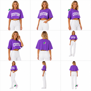 Camiseta Corta Morada para Mujer, con Estampado de Letras Personalizado, Cuello Redondo, Manga Corta, Corte Holgado, Informal, Primavera Verano, 100% Algodón - Product Image 6