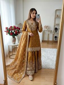 Fendy Silk <b>Sequin</b> Kurta Pearl Latkan Palazzo Pants Elastic Waist Co Ord Fully Stitched Women Ethnic Salwar Suit Set - Product Image 2