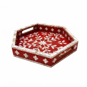 Bandeja de Servir Hexagonal de Alta Calidad, Hecha a Mano, con Incrustaciones de Hueso Rojo y Madreperla Floral, para Mesa de Centro, Bandeja Decorativa para el Hogar - Product Image 1