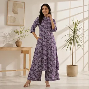 Ensemble Kurta Plazo pour femmes, en coton violet à imprimé floral, coupe trapèze, manches trois quarts, col mandarin, tenue décontractée ethnique traditionnelle - Product Image 5