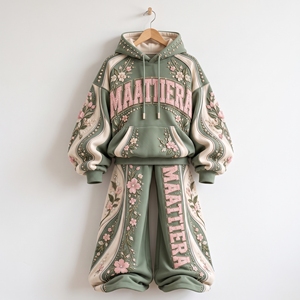 Conjunto Deportivo para Mujer, Sudadera con Capucha Bordada con Flores en Verde Salvia y Rosa, Pantalones Deportivos Anchos, Proveedor Mayorista OEM ODM Personalizado - Product Image 5