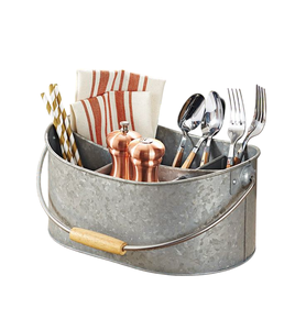 Organisateur de couverts et ustensiles en métal galvanisé style ferme avec poignée en bois, 4 compartiments, support de comptoir de cuisine rustique - Product Image 1