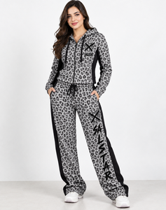 Women’s Leopard Print <b>Velour</b> <b>Tracksuit</b> Set Custom Logo Cropped Hoodie & Wide Leg Pants Two Piece Fashion Sportswear Set - Product Image 1