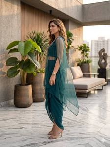Luxury Women Indo Western Dhoti Saree Set in Georgette Fabric with Fancy Sequin Crop Top and Sheer <b>Cape</b> - Product Image 6