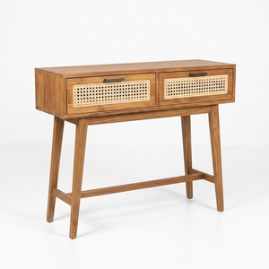 Mesa Consola Moderna de Madera de Teca Sólida y Ratán, 2 Cajones, Acabado Natural, Ensamblaje Completo, Muebles para Sala de Estar, Dormitorio, Apartamento - Product Image 3