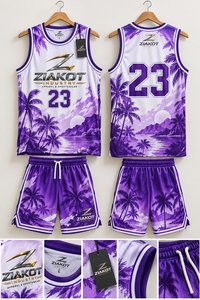 Vente en gros directe ZIAKOT INDUSTRY Maillot de basket-ball authentique personnalisé violet et blanc à motif 3D d'arbres tropicaux d'Hawaï - Product Image 1