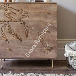 Commode de luxe artisanale en bois massif à 3 tiroirs, avec sculpture ornée en forme de feuille de fougère, finition en bois de manguier naturel - Product Image 3