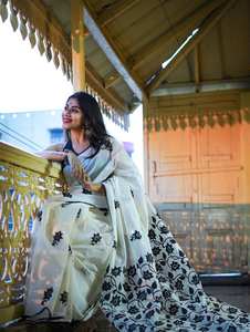 Sari indien traditionnel en coton imprimé blanc et noir, avec pièce de blouse non cousue pour femme, idéal pour les fêtes, toutes saisons, style indien et pakistanais. - Product Image 3