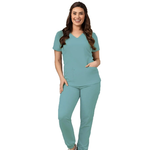 Ensemble de blouses médicales de haute qualité pour femmes, col en V, manches courtes, couleur turquoise, mélange coton et polyester, pantalon inclus - Product Image 5