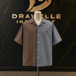 Camisa Retro con Cuello Camp y Rayas Divididas, Estilo Y2K, Oversize, de Manga Corta, para Hombre, Streetwear, con Botones, Venta al por Mayor - Product Image 1