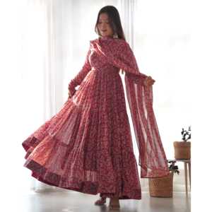 ชุดเดรส Anarkali สีแดงอมน้ำตาลสวยงามของ NKB สำหรับงานปาร์ตี้ ไซส์ XS พร้อมกางเกงและผ้าคลุมไหล่ - Product Image 5