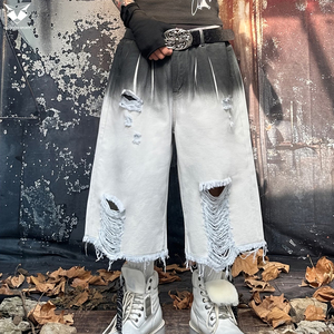 Pantalones Cortos de Mezclilla Degradados a la Moda para Hombre, Estilo Urbano, Desgastados, Holgados, de Mezclilla, de Corte Ancho, de Media Pierna - Product Image 4