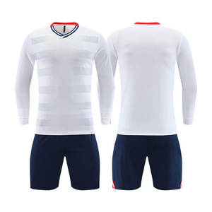 Conjunto de Camiseta de Fútbol de Manga Larga Blanca para Hombre con Pantalones Cortos Azul Marino, Cuello en V, Poliéster que Absorbe la Humedad, Ajuste Atlético, para Todas las Temporadas, Sublimado - Product Image 1