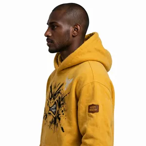 ACCEPT INDUSTRY Men's Yellow <b>Hooded</b> <b>Fleece</b> Sweatshirt Cartoon Print Pocket Casual Autumn Wear Regular Fit - Product Image 4