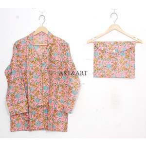 Ensemble de pyjama élégant pour femmes en coton, imprimé à la main avec un motif floral, vêtements de nuit confortables, vêtements de fête, lavables, naturels, indiens - Product Image 2