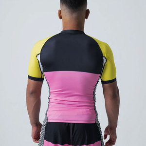 Men's Short Sleeve Rash Guard <b>Black</b> White Stripe Quick Dry <b>Compression</b> <b>Shirt</b> MMA BJJ Grappling Base Layer Sport Top - Product Image 2