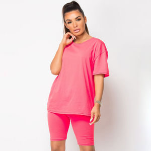 Conjunto de Dos Piezas para Mujer, Verano, Tallas Grandes, Camiseta de Manga Corta Lisa y Pantalones Cortos Deportivos con Cordón en la Rodilla, Parches, Nuevo Diseño, 100% Algodón - Product Image 1