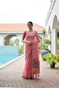 Sari en coton Chanderi doux avec bordure de pallu fleuri en tissage Resham, chemisier contrastant, séchage rapide, pour femmes, idéal pour les fêtes - Product Image 6