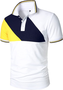 Men's <b>White</b> Yellow Color Block Jersey Fabric Casual <b>Polo</b> Shirt Short Sleeve Turn-down Collar Slim Fit Cotton Summer Top - Product Image 3