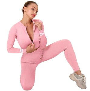 Conjuntos deportivos de 2 piezas de alta calidad para mujer, conjuntos de gimnasio y fitness, conjunto de yoga con cremallera frontal y rayas de manga larga - Product Image 1