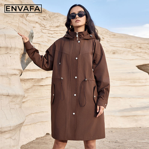 Manteau long en polyester respirant pour femme ENVAFA, couleur unie, imperméable, coupe-vent, décontracté, manches longues, fermeture éclair à capuche - Product Image 4