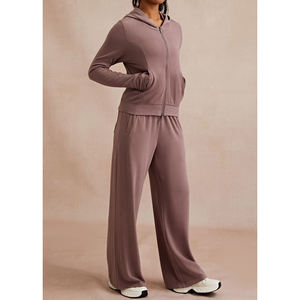 Women's Hooded Tracksuit <b>Set</b> Full Length Sweatshirt Matching <b>Jogger</b> Pants Casual Loose Fit Solid Color Zipper Front - Product Image 1