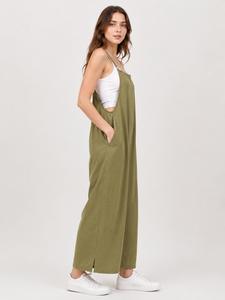 Wholesale Olive Green SOLID Dungaree <b>Jumpsuit</b> Square Neck Sleeveless Adjustable Straps Casual Women's Wear <b>Pockets</b> <b>Wide</b> <b>Leg</b> - Product Image 3