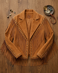 Wholesale Womens Brown Leather Fringed <b>Jacket</b> with Gold Studs Western Style Crop <b>Biker</b> <b>Jacket</b> Outerwear Supplier - Product Image 6