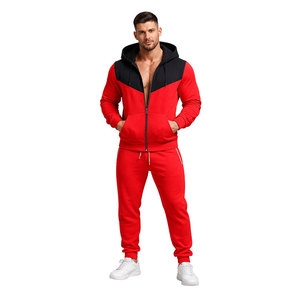Best Design Men’s Red Black Contrast Hoodie Tracksuit Slim Fit <b>Zip</b> <b>Up</b> <b>Jacket</b> Jogger Pants Casual Sportswear Gym Fitness Set - Product Image 3