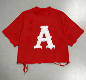 T-shirt court oversize rouge avec imprimé lettre A floquée blanche sur le devant, manches courtes, col rond, style streetwear, haut en jersey de coton pour homme - Product Image 1